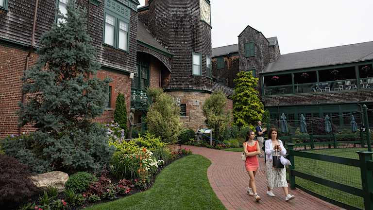 The clock tower is just one of the visual gems upon arrival at the Newport Casino.