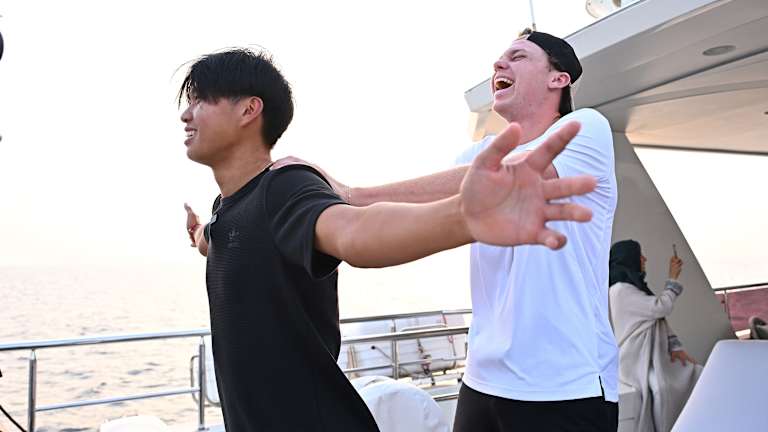 Best buds Tien and Michelsen reenacted Titanic's famous "I'm flying!" scene during the Next Gen ATP Finals in Jeddah.