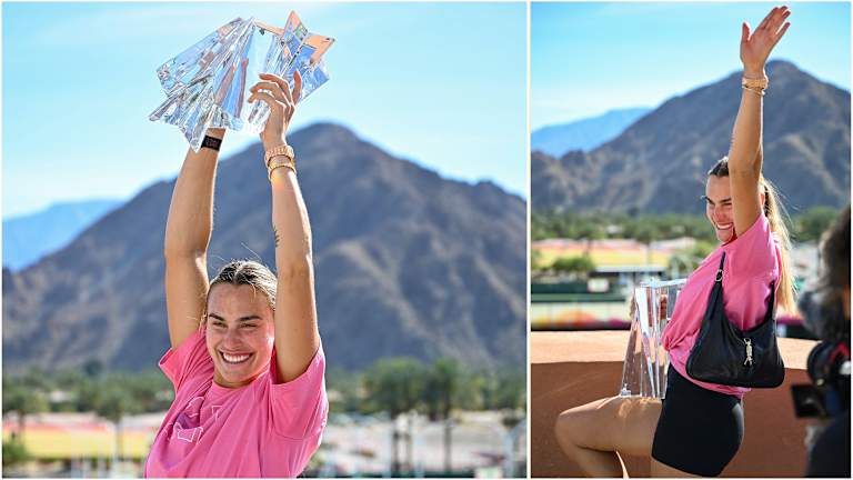 Sabalenka didn't let the heat or weight of the trophy keep her from having fun with the shoot.