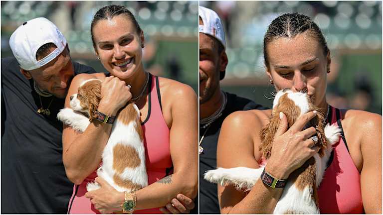 Ash returned for team photo ops, along with Sabalenka's newly-minted fiancé Georgios Frangulis.